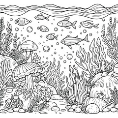 Wall Mural - underwater world coloring book hand drawn. ocean life coloring page black and white vector illustration