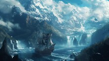 Pirate Boat Crossing The Sea Near Snowy Mountains. Seamless Looping Time-lapse Virtual Video Animation Background.	