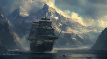 A Pirate Boat That Crosses The Sea Near The Mountains. Seamless Looping Time-lapse Virtual Video Animation Background.	