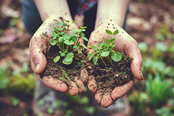 close-up of two hands holding small plant seedlings.