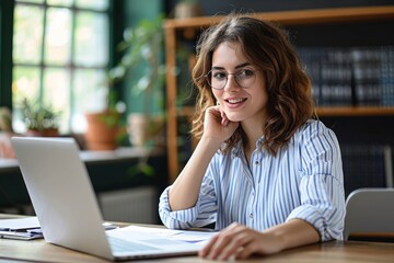 young happy professional business woman online teacher or tutor sitting at work desk talking to stud