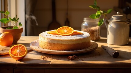 Canvas Print -  a cake sitting on top of a wooden table next to a bowl of oranges and an orange slice on top of it.