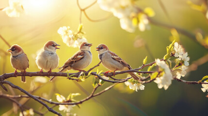 Flock of birds are singing happily on the branches of a tree with spring flower blossoms and sun light , spring season background