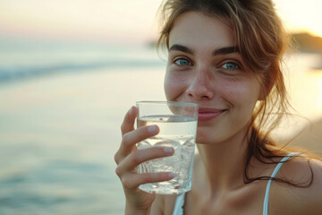 Wall Mural - Hydration concept image with young beautiful girl drinking a glass of water on the beach on hot sunny summer heatwave day