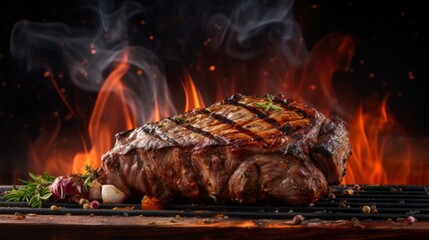 Poster -  a steak on a grill in front of a fire with a lot of smoke coming out of the top of it.