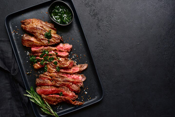 Poster - Grilled marbled beef steak. Top view with copy space.