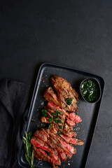 Wall Mural - Grilled marbled beef steak. Top view with copy space.