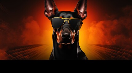 Wall Mural -  a dog with a pair of sunglasses on it's head and a red background with a red light behind it.