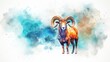  a watercolor painting of a ram standing in front of a blue and yellow cloud of smoke and smudges.
