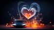  a cup of coffee on a saucer with smoke in the shape of a heart and a cup of coffee on a saucer with smoke in the shape of a heart.