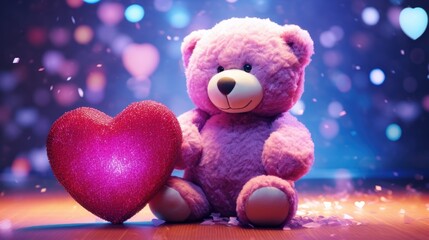 Wall Mural -  a pink teddy bear sitting next to a pink heart on a wooden floor with blurry lights in the background.