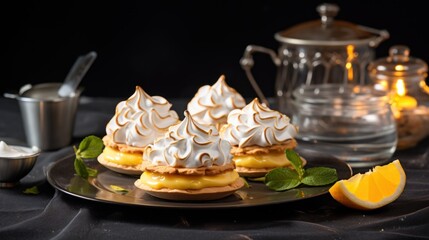 Canvas Print -  a close up of a plate of food on a table with a cup of tea and a tea kettle in the background.