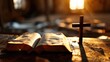 Church bright light background with holy bible and the cross of salvation of Jesus Christ