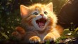 Adorable ginger kitten, wide-eyed and playful in natural sunlight, perfect for pet care themes.