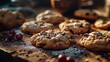 Chocolate chip cookies with cranberries and almonds on a wooden table