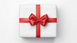 © Aura - top view of white present lid with red ribbon bow isolated on white background