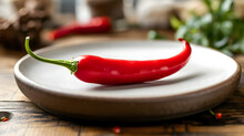 A Single, Vibrant Red Chili Pepper Placed Elegantly On A Plain, White Plate. The Plate Rests On A Rustic Wooden Table