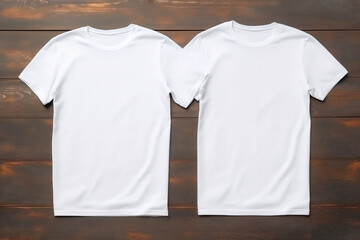 Wall Mural - Top view of white color two T-shirt mock up on wooden background.