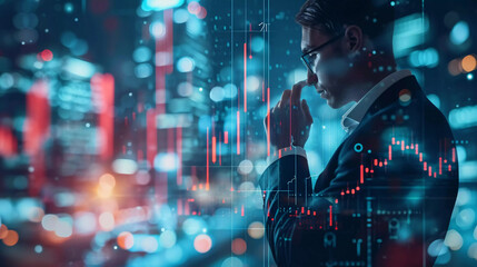 Business man analyze stock market data with abstract stock market graph background.