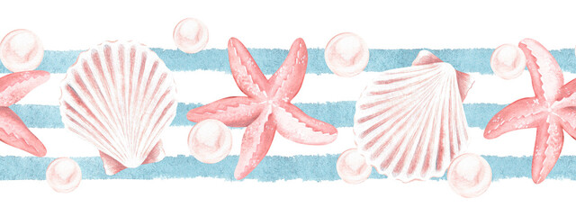 Sea Border Watercolor illustration. Hand drawn seashell and starfish on isolated background. Seamless nautical pattern. Drawing of pearl and scallop. Painting of template frame