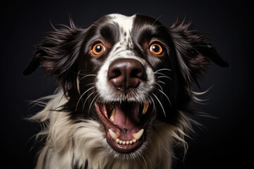 Wall Mural - Portrait of a surprised, smiling dog with an open mouth on a black background. Funny, humorous photo, meme