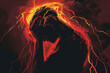 A person holds his head in pain, red and yellow flashes indicate the pain in his head and back, headache, healthcare