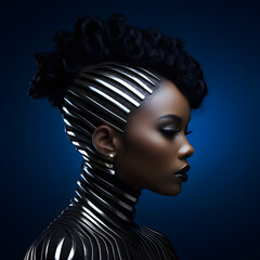 Art fashion portrait of beautiful African american woman wearing  Black and white striped futuristic costume. Fashion art studio portrait