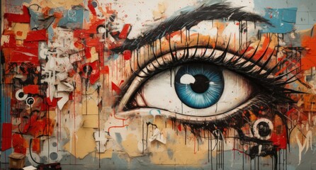 Canvas Print -  a close up of a painting of an eye with paint splatters all over it and on the side of a wall.