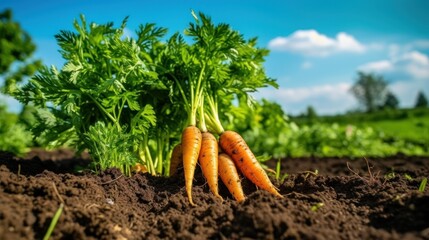 Canvas Print -  a group of carrots sitting on top of a pile of dirt in the middle of a field of dirt.