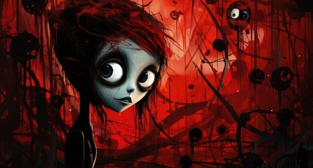 Wall Mural -  a close up of a person with a creepy look on their face and a background of red and black circles.