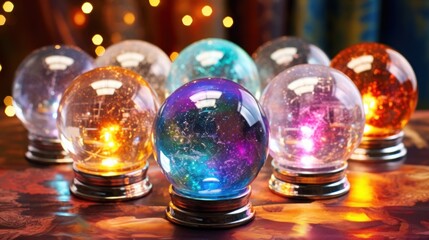 Wall Mural -  a group of glass globes sitting on top of a table next to a wall with lights in the background.