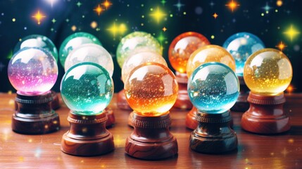 Wall Mural -  a group of colorful glass balls sitting on top of a wooden table in front of a star filled night sky.