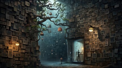 Canvas Print -  a person standing in front of a door with a tree growing out of it and lanterns hanging from the ceiling.