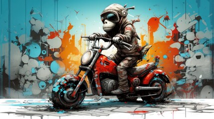 Wall Mural -  a painting of a man on a motorcycle with paint splattered on the wall behind him and a splash of paint on the wall behind him.