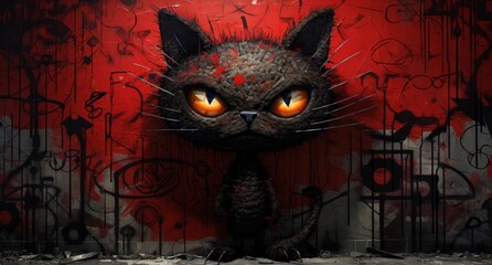 Wall Mural -  a painting of a cat with orange eyes and a creepy look on it's face, standing in front of a red wall.