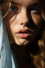 Wall Mural - Portrait of a Young Woman with Blonde Hair and Blue Eyes