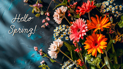 A spring background of flowers with the text Hello Spring. A colorful postcard.