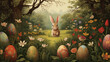 Illustration of a cute easter bunny with easter eggs in the garden made with Generative AI