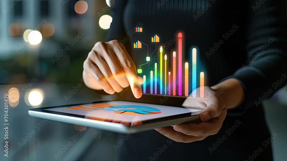graph, business, chart, growth, success, analysis, investment, diagram, finance, marketing. hold tablet and above there has bar chart finance of investment, that's diagram inversely proportional.
