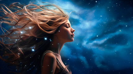 Wall Mural - portrait of a serene woman with her hair down against a starry night background is ideal for themes of mental health and beauty, mystery and inspiration.
