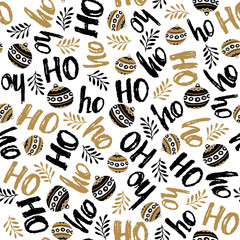 Wall Mural - New Year and Christmas seamless pattern, with Ho Ho Ho hand drawn letters, vector Illustration Background.