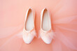 cute pink heels on a peach fuzz background, festive creative shoes. one pair.