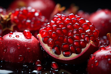 Poster - Pomegranate - Deep red abstract seeds scattered on a juicy background.