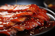 Peking duck - Glossy, red and brown abstract forms with crispy texture.