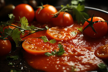 Poster - Gazpacho - Cool, red abstract tomato base with vegetable chunks.