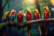 A vibrant group of parrots perched together on a branch, A group of colorful parrots perched on a branch in the rainforest, AI Generated
