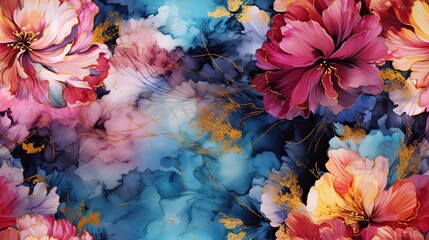 luxurious floral 3d wallpaper patterned in rich bright colors with elements of gold. dramatic floral