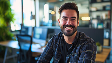 Software Developement Concept: A male software developer in his modern tech office, smiling confidently