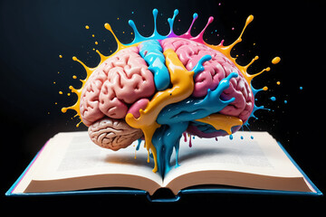 Fototapete - Liquid Color design background fly out of the book as a fantasy. colorful brain splash Brainstorm and study concept
