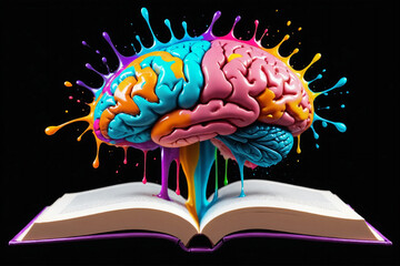 Fototapete - Liquid Color design background fly out of the book as a fantasy. colorful brain splash Brainstorm and study concept